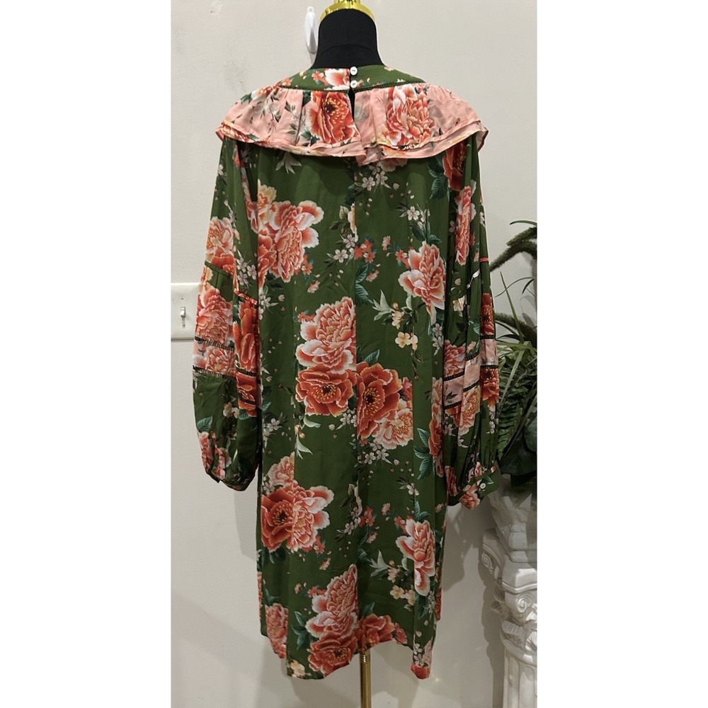 Anthropologie Farm Rio Floral Shift Dress Elinor Green Tunic Balloon Sleeve Sz L - Picture 6 of 8